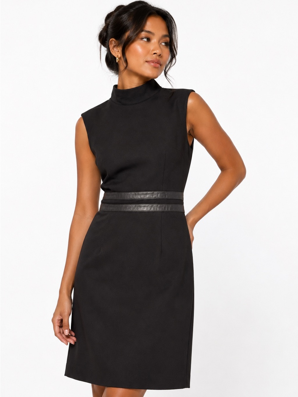 Dana Buchman Black sheath knee length Dress Leather High Neck Sleeveless 6